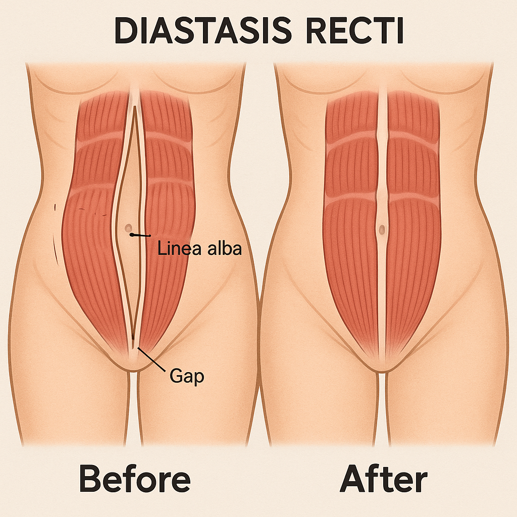 رسم توضيحي للانفصال العضلي - Diastasis Recti قبل وبعد